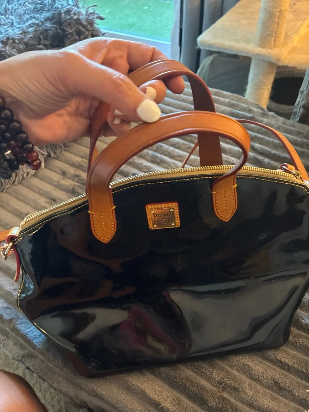 Dooney & Bourke Black Patent Shoulder Satchel with Tan Trim